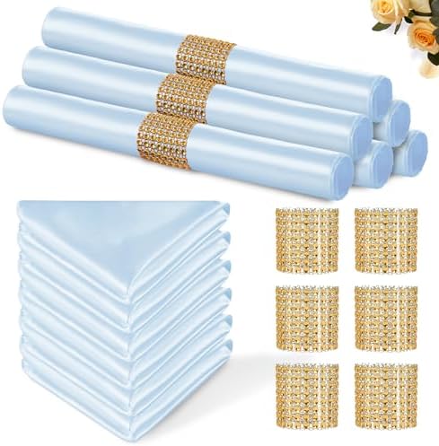 Light Blue Satin Napkins & Rings Set, 100 Pack, 12x12 Inch by Eychei