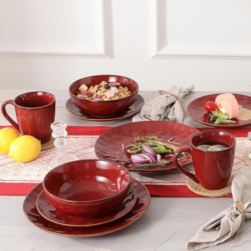 vicrays Ceramic Salad Plates Set - Porcelain 8 Inch Flat Dessert Appetizer Plate for Lunch Home Party Restaurant - Scratch Resistant Microwave Oven and Dishwasher Safe - Set of 6 (Cherry Red) - Image 6