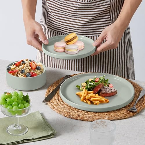 E-far 8-Piece Stoneware Dinnerware Sets with Pasta Bowls, Green - Image 4