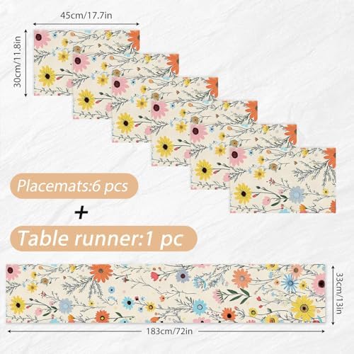ANNA QUEEN Floral Table Runner and Placemats Set of 6 – 13"x72" Table Runner & 12"x18" Placemats, Wildflower Botanical Pattern Elegant Dining Table Decor - Image 2