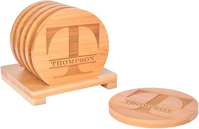 Personalized Bamboo Coasters, Custom Engraved Monogram Coasters with Holder, Great Gifts for Relatives, Friends or Yourself (T, Set of 6)
