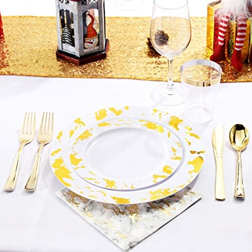 Nervure 175PCS Gold Plastic Plates with Marble Printing & Gold Plastic Silverware:50 Plates, 25 Forks, 25 Knives, 25 Spoons, 25 Cups, 25 Napkins for Thanksgiving & Wedding - Image 4