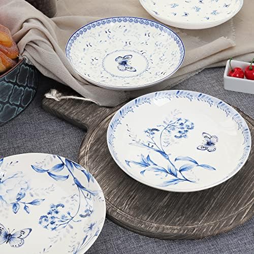 fanquare 8 Inch Pasta Bowls Set of 4, Porcelain Salad Plates for Desserts, Bread, Soup, Blue Floral Shallow Serving Plates - Image 4