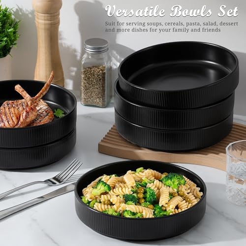 E-far Pasta Bowls Set of 6, 35oz Large Salad Bowl Plate for Dinner Serving Soup, Wide & Shallow Ceramic Stoneware Pasta Plates, Microwave & Dishwasher Safe, Reactive Glaze Texture-Stripe, Matte Black - Image 4