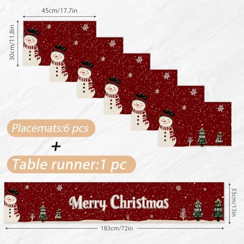 ANNA QUEEN Snowman Christmas Table Runner and Placemats Set of 6, 13"x72" Table Runner with 12"x18" Placemats, Winter Holiday Dining Decor - Image 2