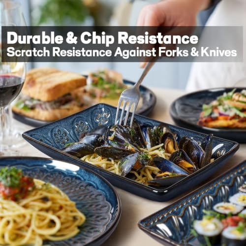 Artena Salad Plates Set of 4, 9.85" Embossed Ceramic Rectangular Appetizer Plates, Deep Lipped Edges, Microwave & Dishwasher Safe, Dessert Sushi Pasta Serving Plates (Blue, Pinwheel Flower) - Image 3