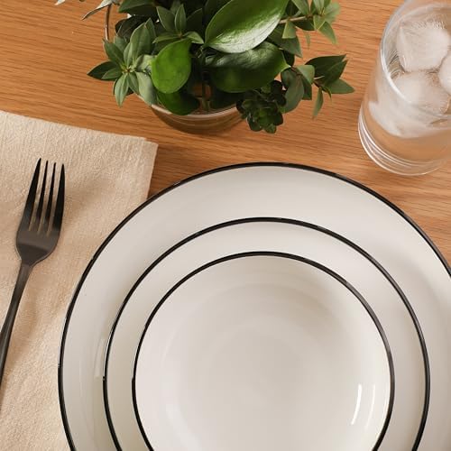 Gibson Home Havenstone 12-Piece Dinnerware Set – Dinner Plates, Salad Plates & Bowls, Classic White With Black Rim Everyday Dish Set for Home, Kitchen, Microwave & Dishwasher Safe - Image 3