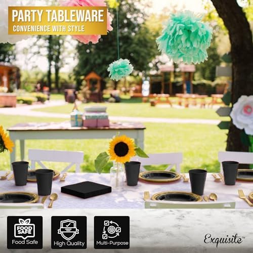 Exquisite 350 Pcs Black & Gold Plastic Plates for Party Black & Gold Disposable Plates Set 50 of Each 9 Dinner Plate Set 7 Dessert Plate Cups Napkins & Cutlery Plastic Dinnerware - Image 5