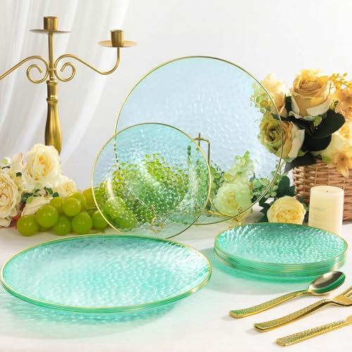 realluck 100Pcs Clear Green Plastic Plates with Gold Rim - Image 2