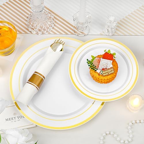 175 PCS White and Gold Plastic Dinnerware Set for 25 Guests, 50 Disposable Plates for Party, 25 Pre Rolled Napkins with Gold Silverware, 25 Cups - Image 2