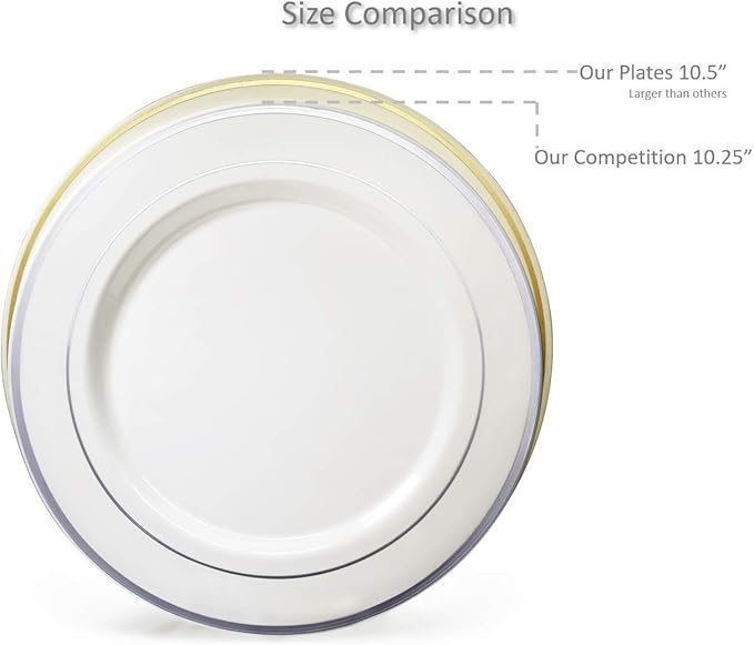 OCCASIONS 240 Plates Pack,(120 Guests) Heavyweight Premium Wedding Party Disposable Plastic Plates Set -120 x 10.5'' Dinner + 120 x 7.5'' Salad/Dessert (Celebration White & Gold)