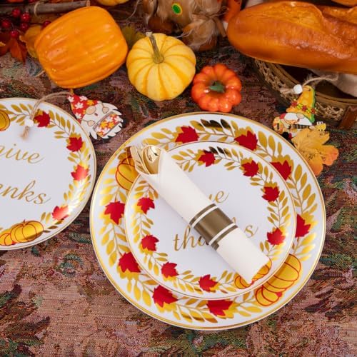 Rubtlamp 175Pcs Thanksgiving Plastic Plates, Gold Disposable Plates With Red Wreath, Fall Party Plates Include 75Gold Plastic Cutlery with Pre Rolled Napkins,25Dinner Platos, 25Salad Platos, 25 Cups - Image 4