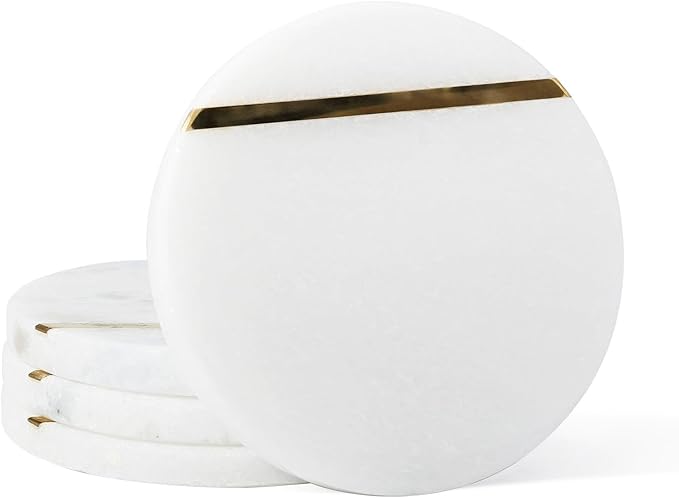 Koville Marble Coaster Set of 4, Round Coasters, 4" Stone Coaster for Drinks Coffee, White Marble with Gold Brass Coasters for Coffee Table Home Bar Decor, Heat Resistant, Gift Choice