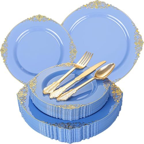 125PCS Blue and Gold Plastic Plates for Wedding Party Baby Shower by Joyido