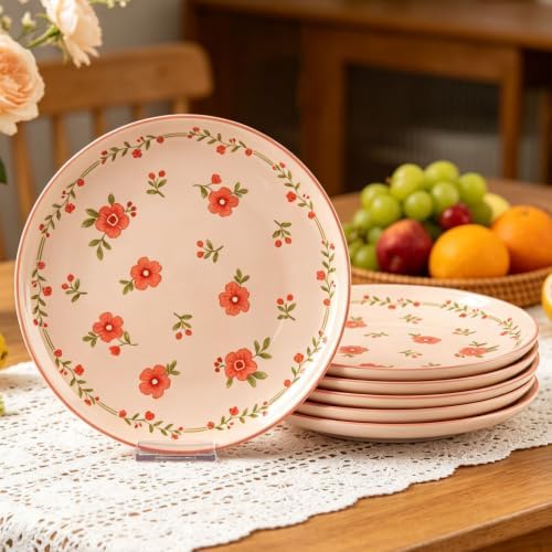 Romantic Pink Peach Blossom Ceramic Dinner Plates, Set of 6, 10.25-Inch Large Serving Plates for Kitchen, Microwave, Oven & Dishwasher Safe by FANGJING