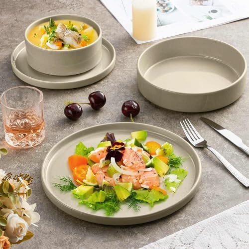 Herogo 24 Piece Dinnerware Sets with Double Bowls, Stoneware Plate and Bowls Set for 6, Ceramic Dinner Dishware for Kitchen Dining, Microwave & Dishwasher Safe, Speckled Khaki - Image 3