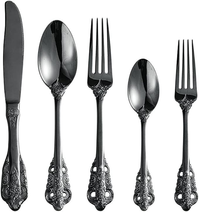 Black Silverware Set for 12 Premium 18/10 Stainless Steel Flatware Set Palace Style 60 Piece Cutlery Tableware Utensils Embossed Decorative Handle Knives Forks and Spoons for Home Christmas Wedding