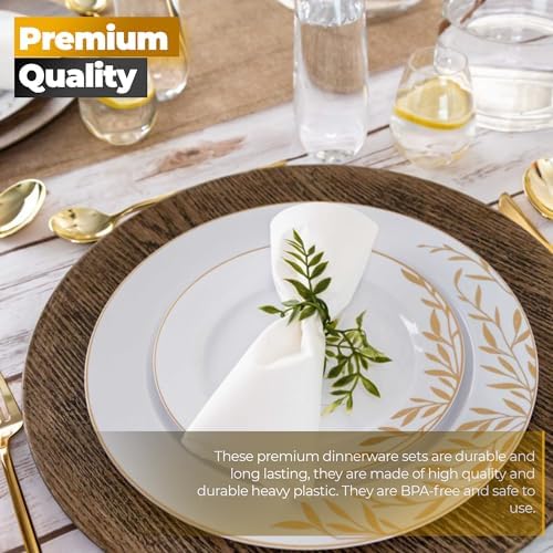 PLASTICPRO 128 Pack Elegant Disposable Plastic Plates Combo Set Includes 64 Dinner Plates and 64 Salad Plates Heavy Duty Fancy Party Plates White & Gold Flower Design - Image 3