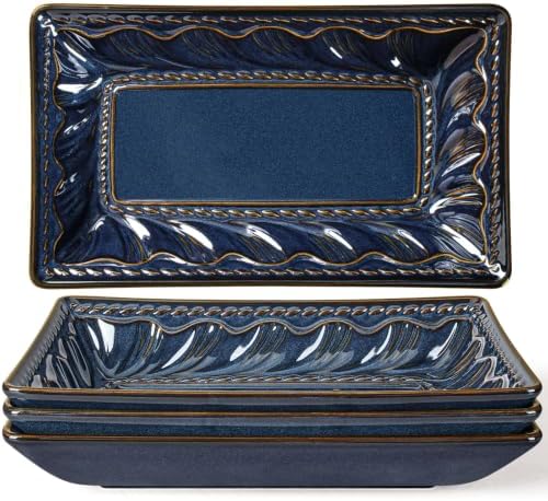 Artena Salad Plates Set of 4, 9.85" Embossed Ceramic Rectangular Appetizer Plates, Deep Lipped Edges, Microwave & Dishwasher Safe, Dessert Sushi Pasta Serving Plates (Blue, Willow Leaf) by Artena
