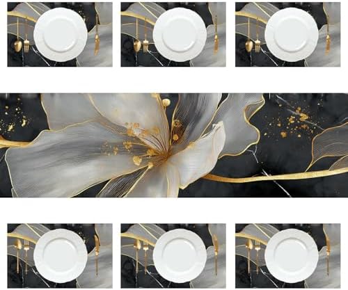 ANNA QUEEN Modern Luxury Table Runner and Placemats Set of 6 – 13"x72" Table Runner & 12"x18" Placemats, Black and Gold Abstract Floral Art Elegant Dining Table Decor - Image 3