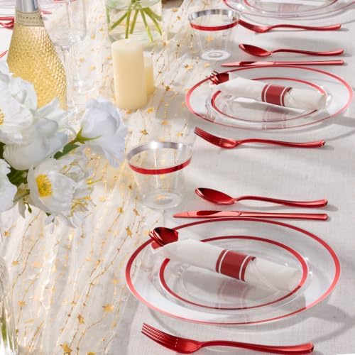 realluck 350 PCS Clear Red Plastic Dinnerware Set for 50 Guests, 100 Disposable Plates for Party, 50 Pre Rolled Napkins with Red Silverware, 50 Cups for Graduation - Image 5