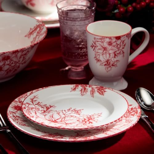 Crimson Noel SALAD/DESSERT PLATES, SETof 6 Assorted Designs — Six 8.5-inch assorted white porcelain plates in dramatic crimson toile, carrying the collection's bold botanical artistry to every course. - Image 3