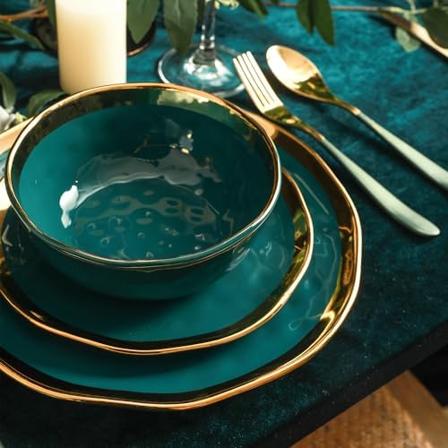 Stone Lain Florian Modern Porcelain 16 Piece Dinnerware Set, Plates and Bowls Set, Dish set for 4, Green and Golden Rim - Image 3