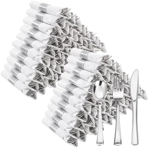 Goodluck 100 Pack Pre Rolled Silver Plastic Silverware, Wrapped Cutlery by GoodLuck