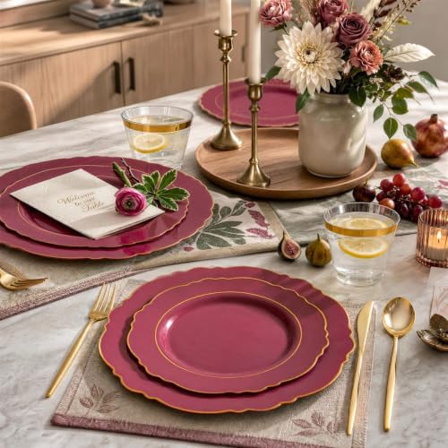 Liacere 150Pcs Burgundy Red Plastic Plates-Red Gold Disposable Plates-Red and Gold Rim Disposable Plastic Dinnerware 50Plates,25Pack Silverware and 25Cups for Wedding/Party/Halloween/Christmas - Image 6