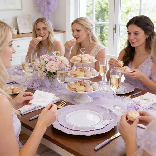WDF 60pcs Purple Plates with Gold Rim - Baroque Light Purple Plastic Plates - Image 5
