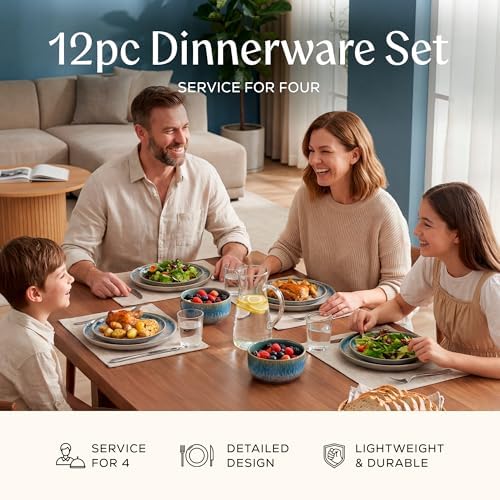 Joseph Sedgh Collection Durable Stoneware Dinnerware Set with Reactive Glaze Finish, 12-Piece, Talia Blue - Image 2