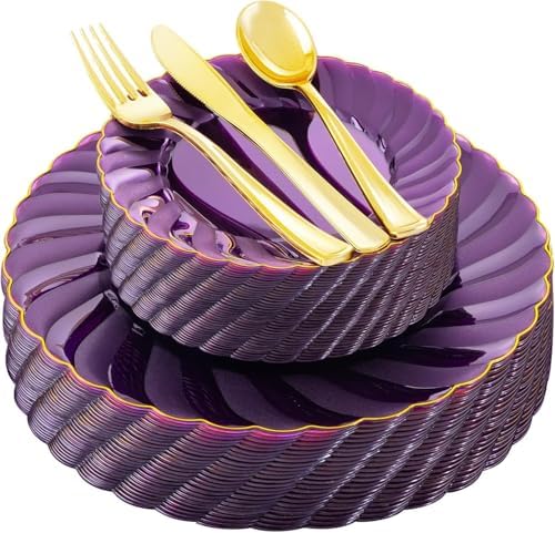 YOUBET 125PCS Clear Purple Plastic Plates with Gold Rim for Wedding by YOUBET