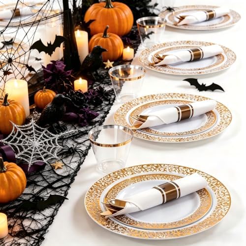 WELLIFE 100 Guests Dinnerware Sets, Gold Plastic Plates, Platos Para Fiestas Elegantes Desechables Include:100 Dinner Plates,100 Dessert Plate,400 Pcs Gold Plastic Silverware, 100 Cups for Party - Image 5