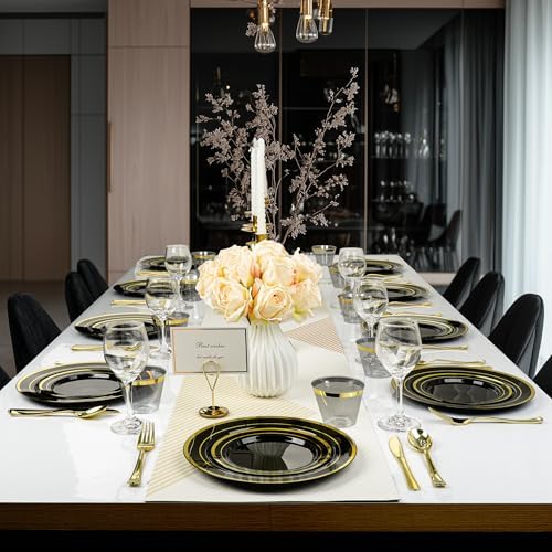 BESTVIP 700 Piece Black Gold Plastic Dinnerware Set for 100 Guests - Image 6