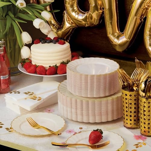 By Madee HEAVYWEIGHT Gold Scalloped Plastic Plates for Party Wedding 100 Pc - Image 6