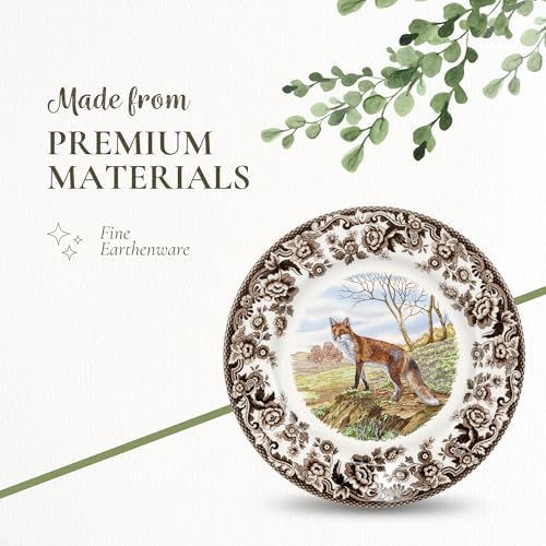 Spode Woodland Red Fox Salad Plate - 8" Fine Earthenware Plate with British Flowers Border, Rustic Wildlife Design - Dishwasher, Microwave, Freezer & Oven Safe - Made in England - Image 4