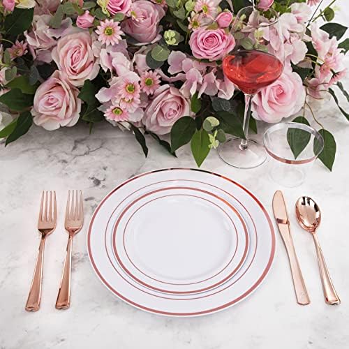WELLIFE 350 Pieces Rose Gold Plastic Dinnerware, 50 Guests Disposable Plates with Rose Gold silverware and Cups, 50 Pre Rolled Napkins with Cutlery, Perfect for Wedding and Party - Image 4