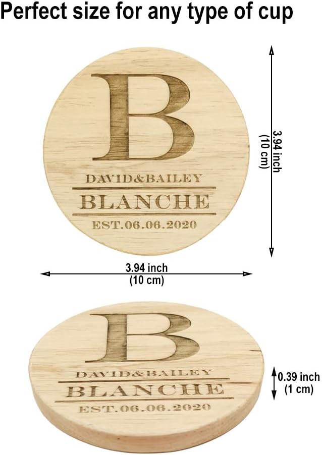 Personalized Wooden Coasters for Drinks - Custom Engraved, Monogram, Great Gifts for Relatives, Friends or Yourself (B, Set of 4)