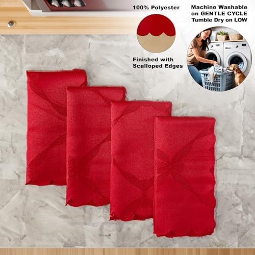 Newbridge Christmas Ribbons and Bows Red Napkins, Set of 4 | Jacquard Damask Cloth Napkins, Stain Wrinkle Resistant Easy Care, Formal Holiday Winter Dinner Party Dining Table Décor - Image 4