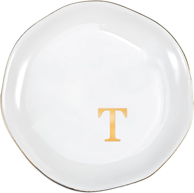 ProCase Ceramic Jewelry Tray, Initial Ring Dish Trinket Plate Engagement Gift, Small Personalized Monogram Ring Bowl for Wedding, White Decorative Jewelry Holder for Women Vanity -Letter T