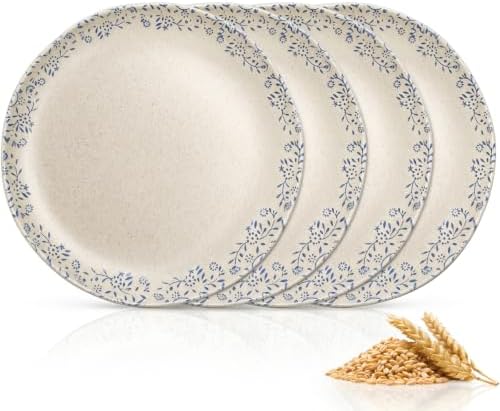 Ceramic Plates Set of 4, 8" Porcelain with Blue Floral Border by Unknown