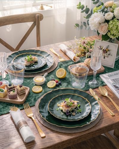 bUCLA 175PCS Green Plastic Plates - 25 Guests Gold Rim for Party, Wedding - Image 7
