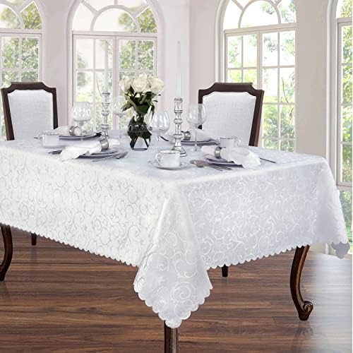 Newbridge Portofino Scalloped Damask Fabric Tablecloth, 60 x 120 Inch Rectangle, White, Wrinkle and Stain Resistant Fine Dining Holiday Party Table Cover - Image 3