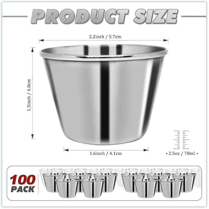 DJZZ 100 Pcs Metal Sauce Cups 2.5oz Ramekins, Stainless Steel Dipping Sauce Cups Metal Condiment Container Reusable Round Butter Dressing Restaurant Small Bowls (100)