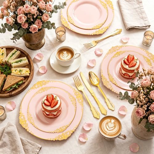 125PCS Pink and Gold Plastic Plates for Weddings Baby Shower Parties - Image 6