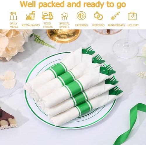 50 Pack Pre Rolled Green Plastic Silverware Set with Napkin - Image 6