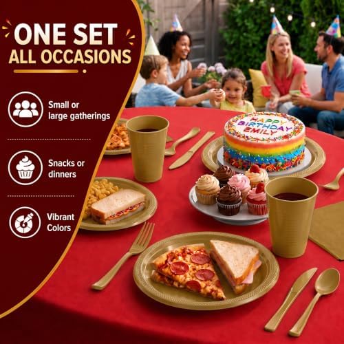 350 Pcs Gold Plastic Plates for Party Gold Disposable Plates Set 50 of Each 9 Dinner Plate Set 7 Dessert Plate Cups Napkins & Cutlery Plastic Dinnerware Set Exquisite - Image 5