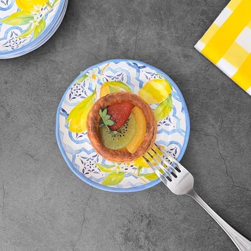 UP Lovely Lemons Melamine Round Dessert Plates, Small Serving Plates, for Appetizer, Snacks, and Side Dishes, Blue and Yellow, 6 Inch, Set of 4 - Image 4