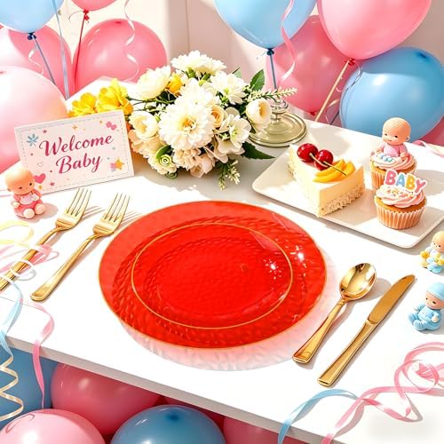 64 Pcs Red Plasitc Plates for Patriotic Day, 32 Guests Clear Red Plates with Gold Rim, Hammered Plastic plate for 4th of July, Baby Shower Wedding - Image 3