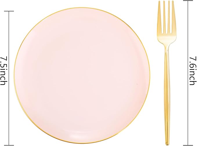 Rubtlamp 200Pcs Plastic Pink Dessert Plates with Disposable Gold Forks,Heavy Duty Pink Disposable Salad Platos,Gold Small Platos,Fancy Appetizer Plates for Mother's Day